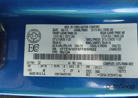 2015 Ford F-150 Xlt from USA, damaged, VIN 1FTEW1EF8FFB50922